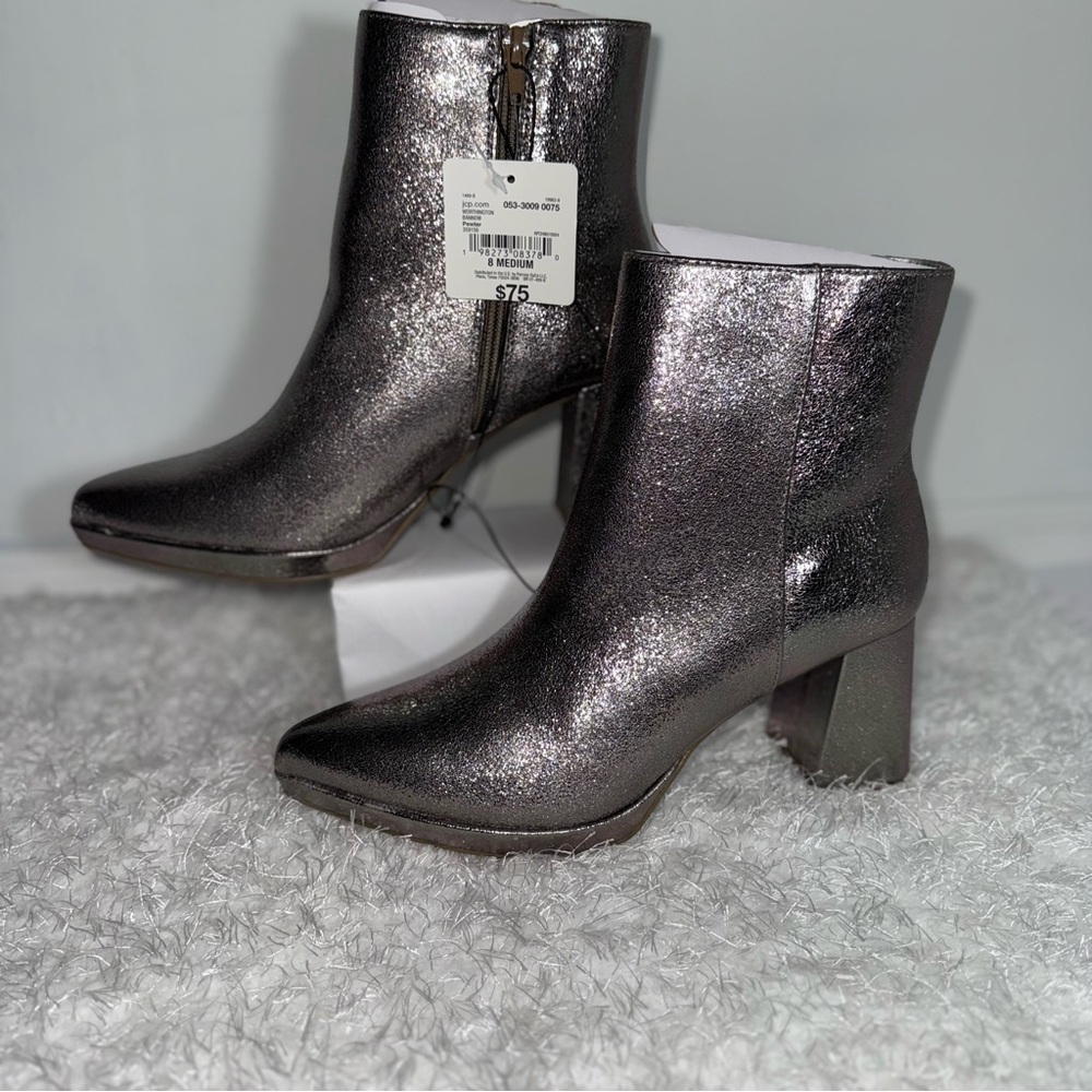 Worthington‎ Women's Silver Metallic Block Heel Ankle Boots Size 8 Medium
